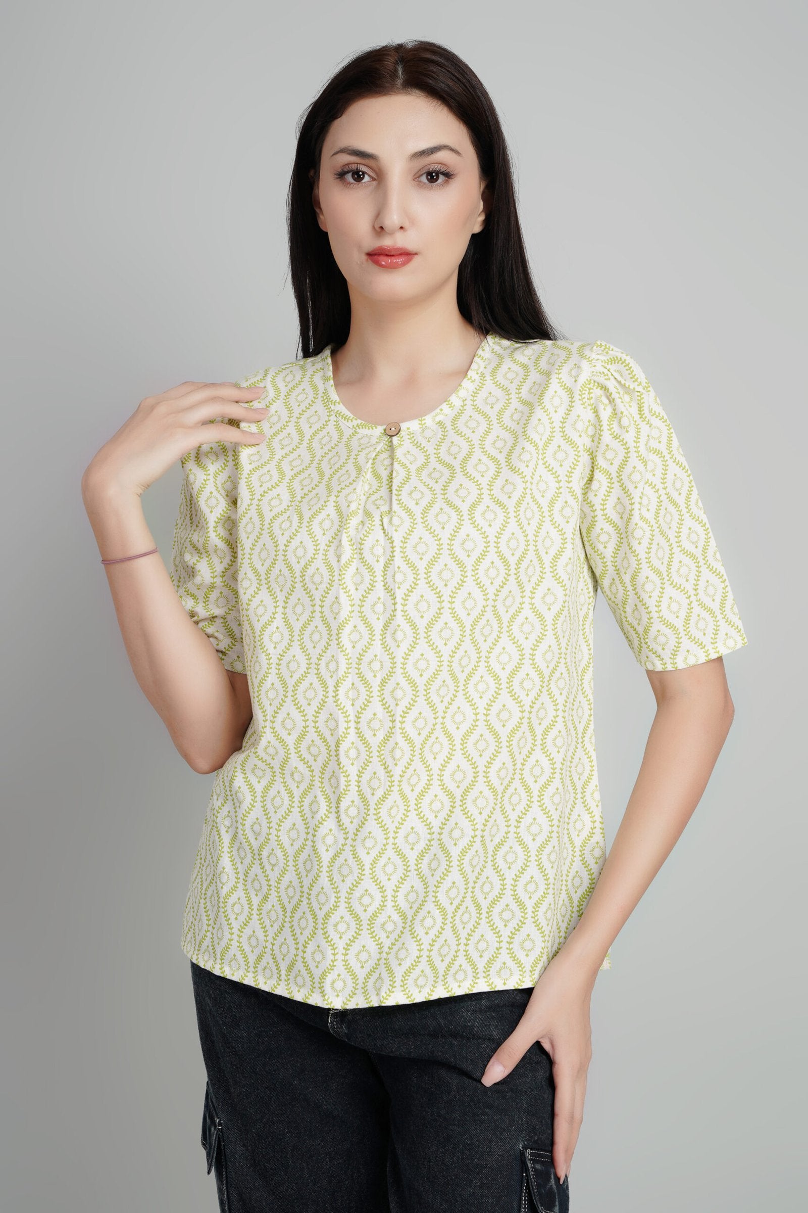 KIARABEL Stylish Cream & Green Printed Top image 4