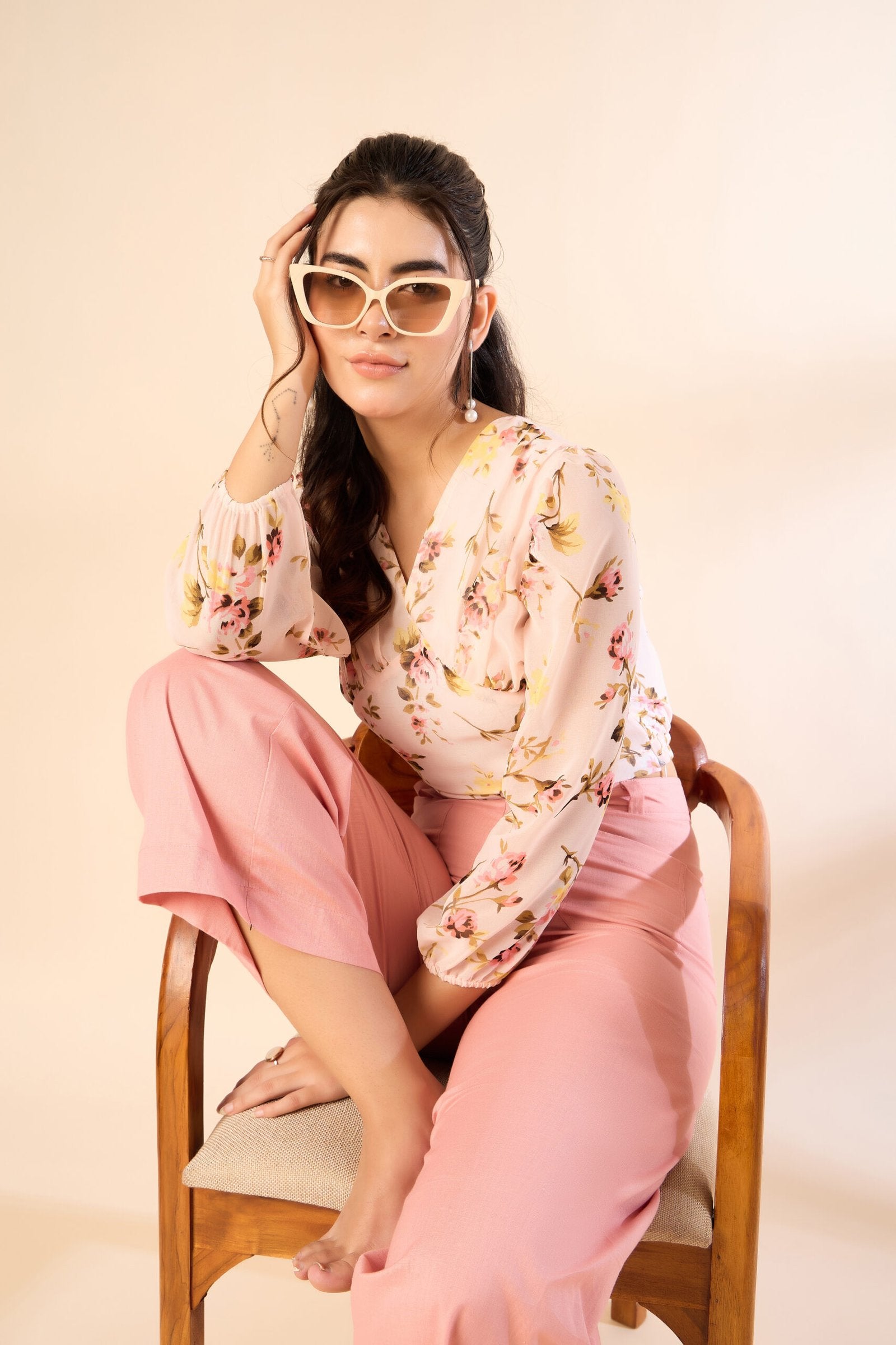 KIARABEL Floral Print Puff Sleeve Crop Top, V-Neck, Baby Pink image 6