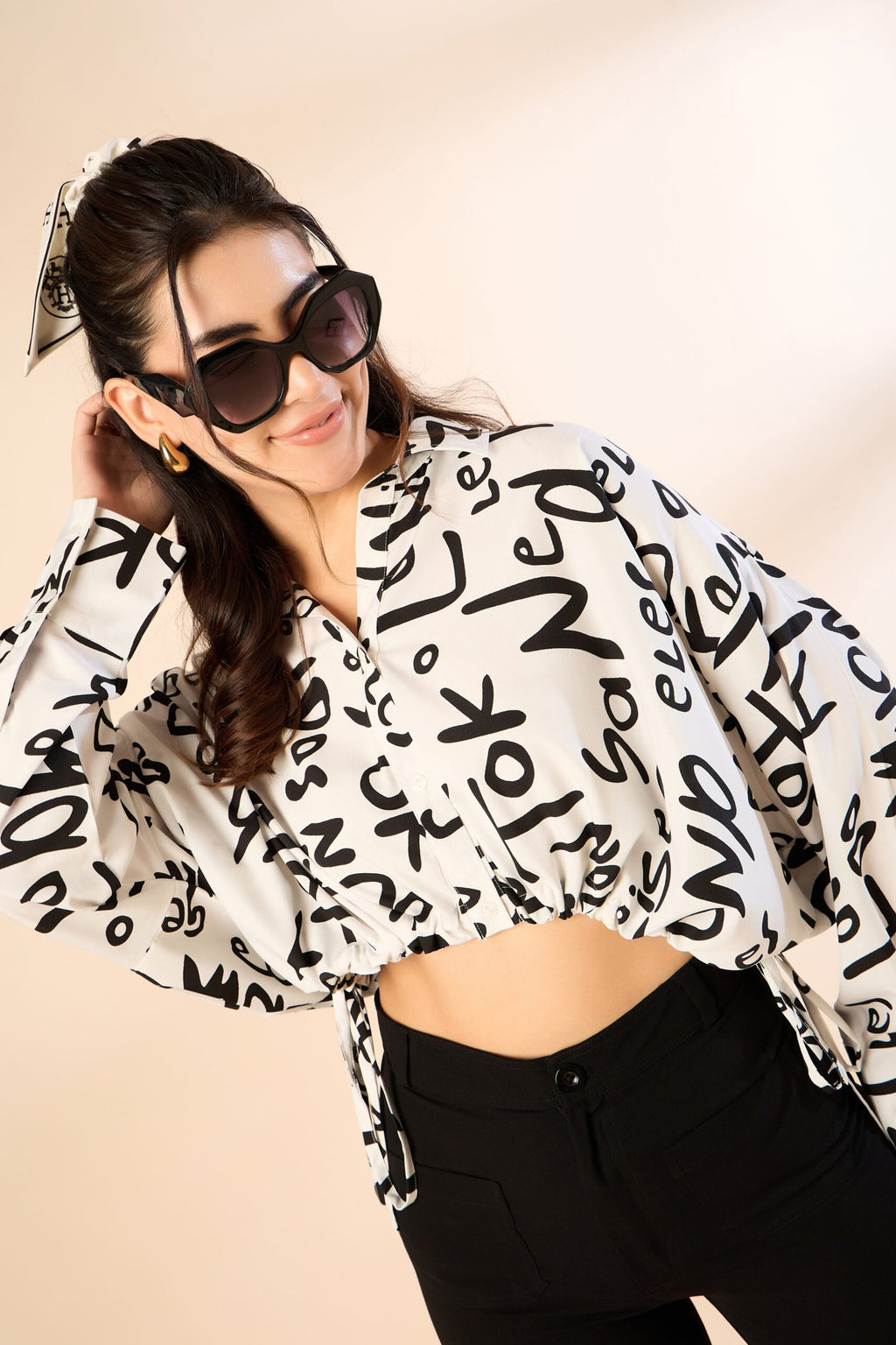 KIARABE White Cropped Button-Down Shirt with Drawstring Waist image 6