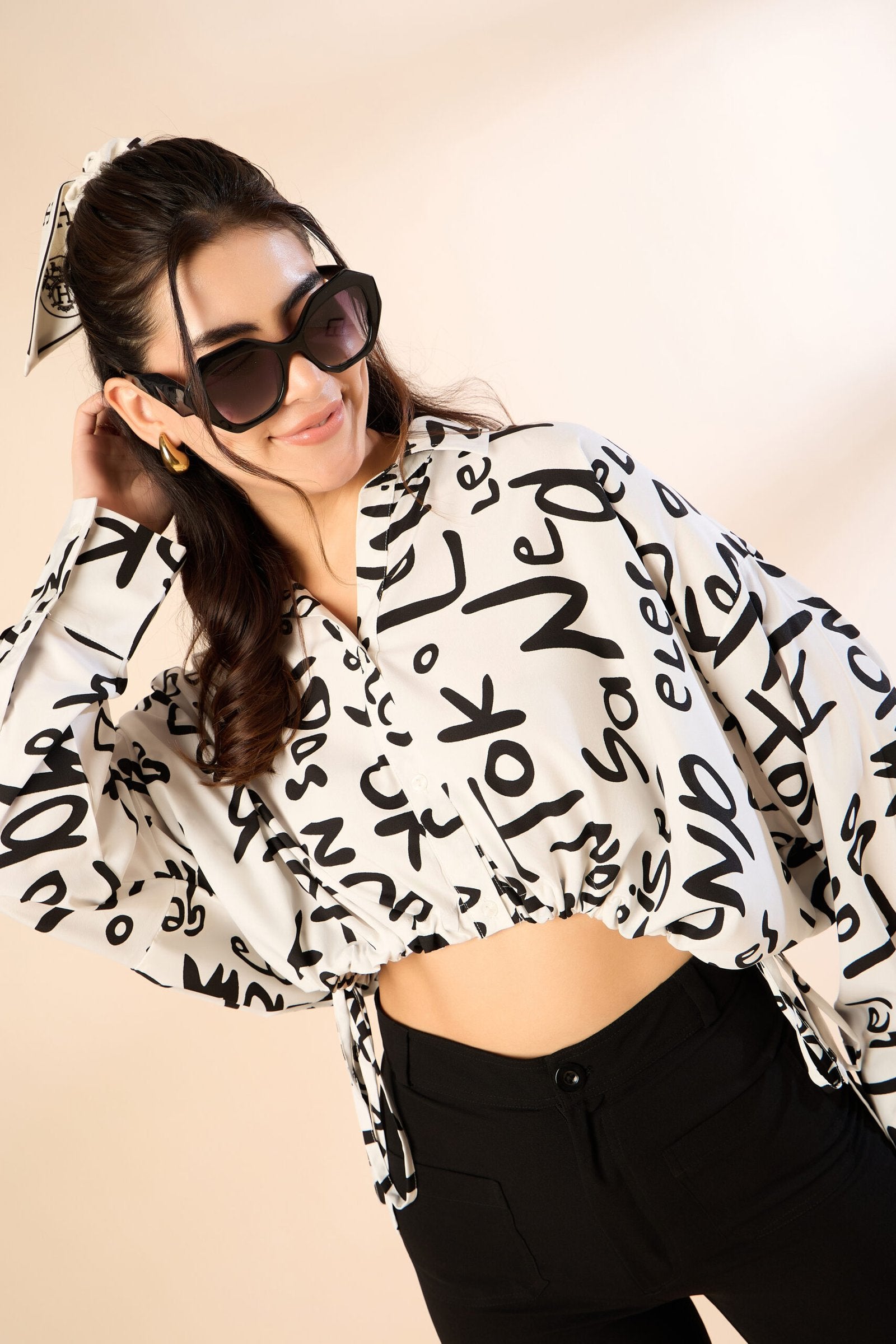 KIARABE White Cropped Button-Down Shirt with Drawstring Waist image 6