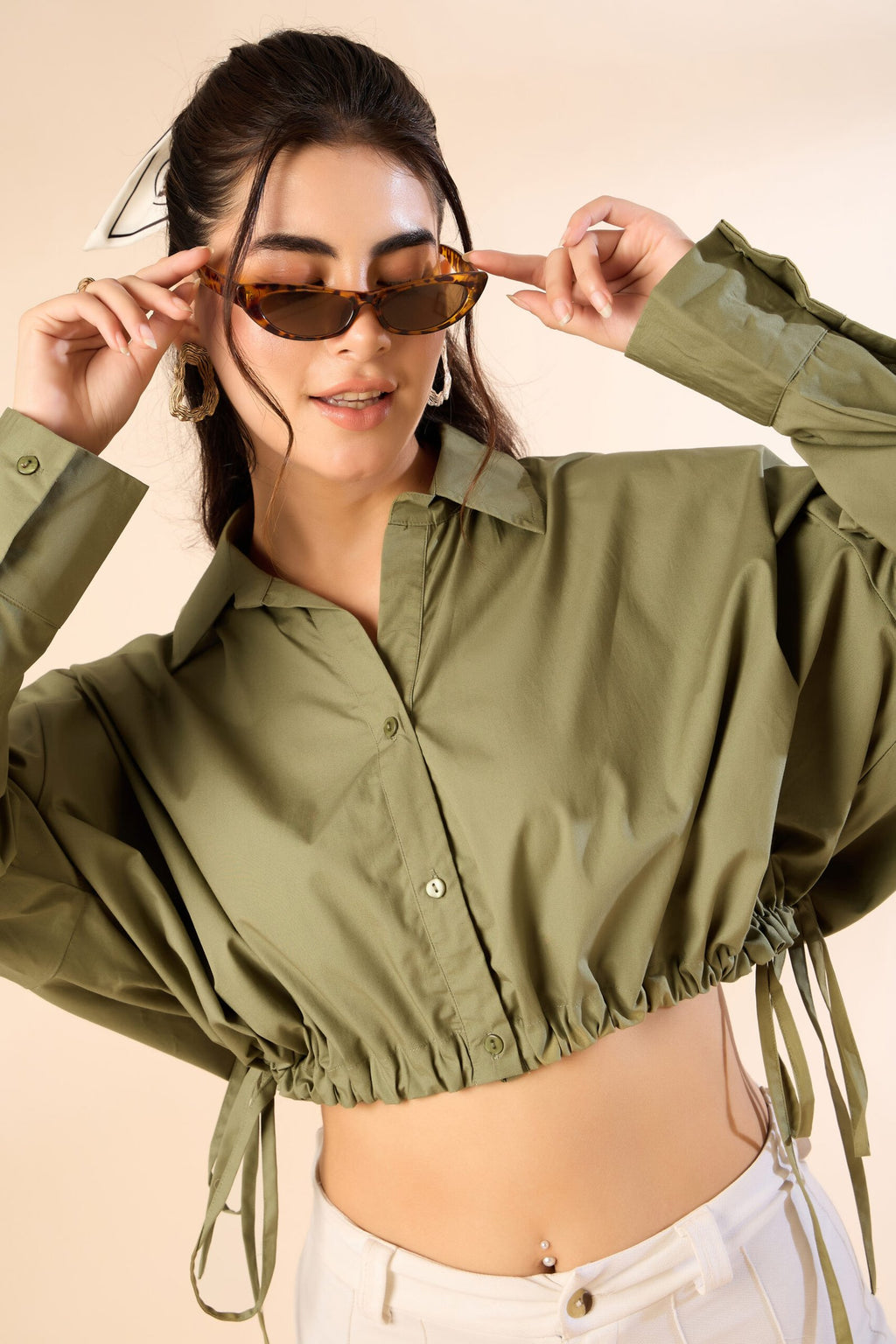 KIARABE Olive Green Button-Down Shirt with Drawstring Waist image 6