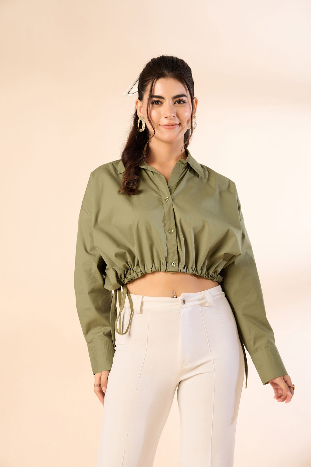 KIARABE Olive Green Button-Down Shirt with Drawstring Waist - FREE image
