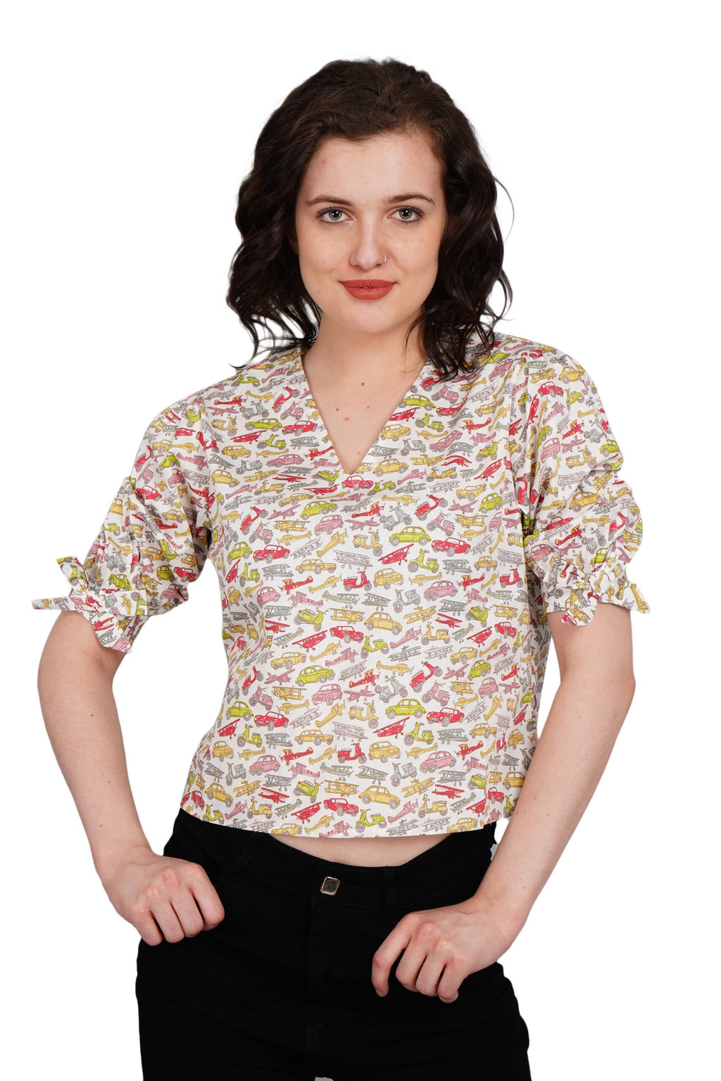 KIARABEL Printed Poplin Cotton V Neck Top - XXL image
