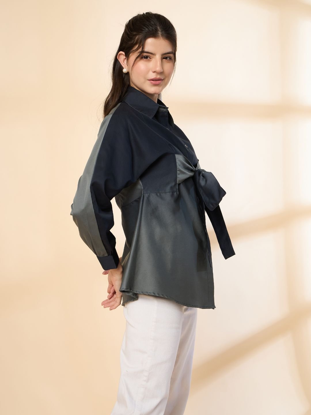 Grey-Blue Ombre Full-Sleeve Shirt with Bow Tie Neck image 4