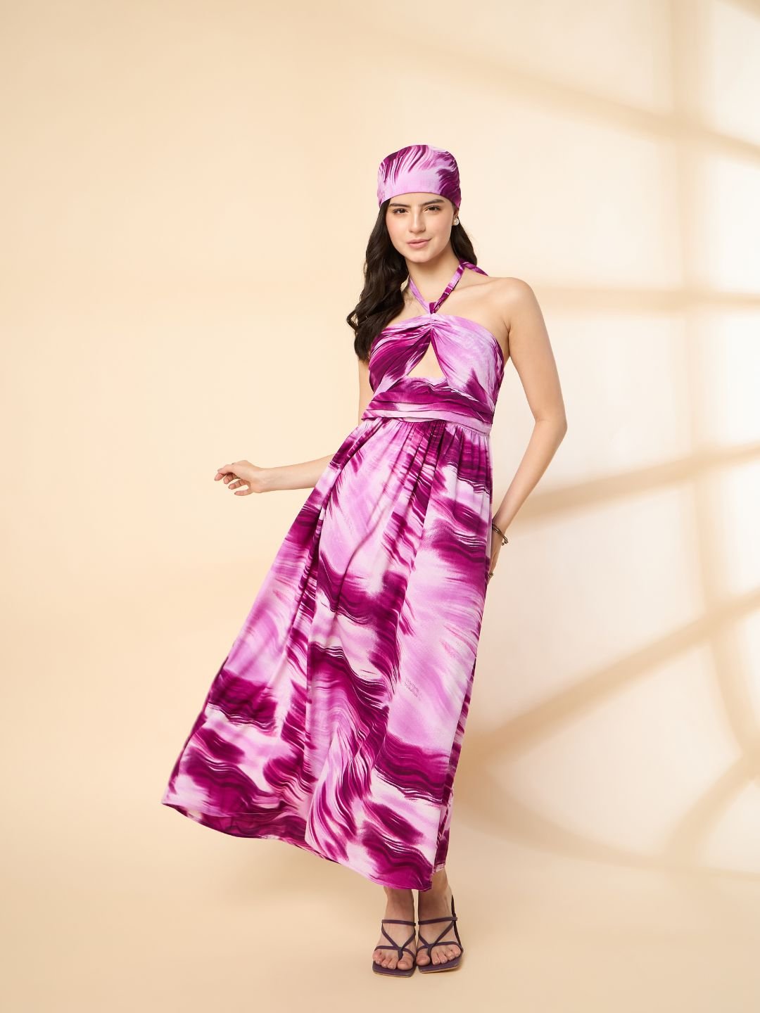 KIARABEL Marble Print Halter Neck Maxi Dress with Head Bandana image 0