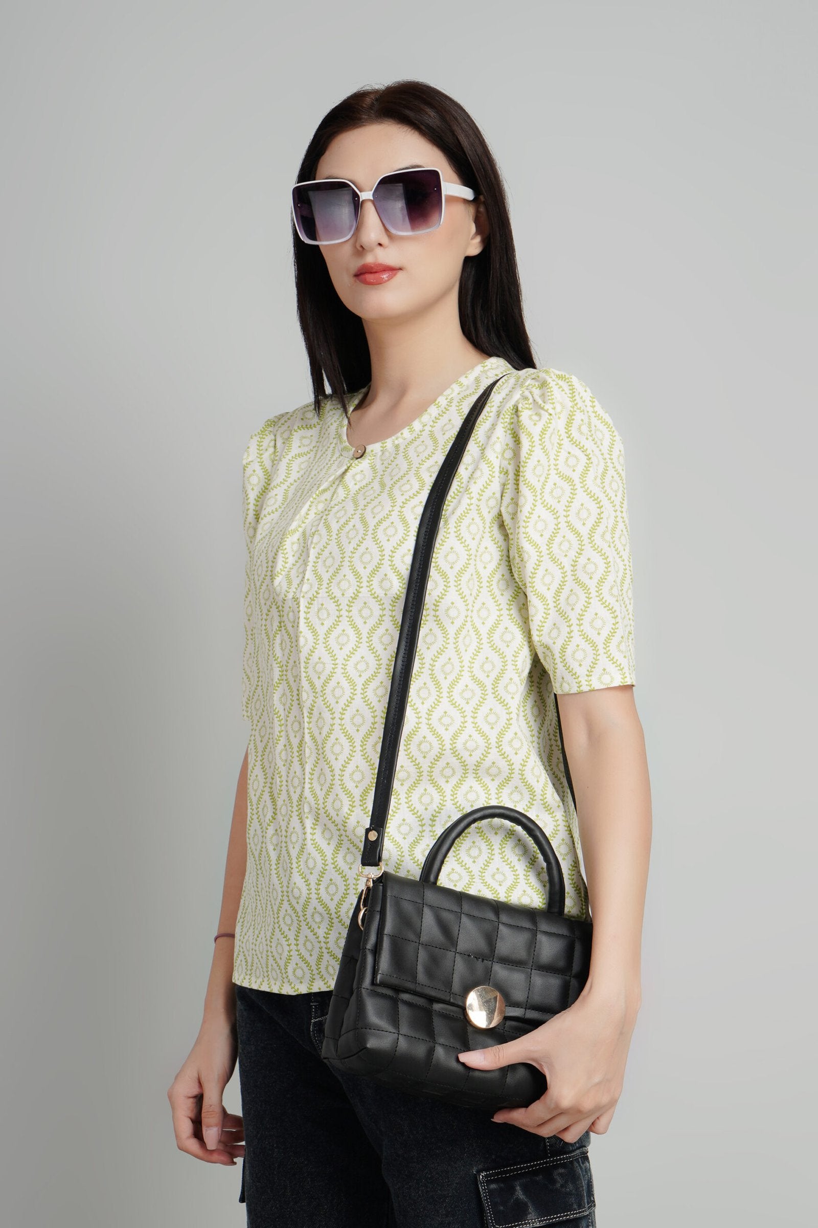 KIARABEL Stylish Cream & Green Printed Top image 5