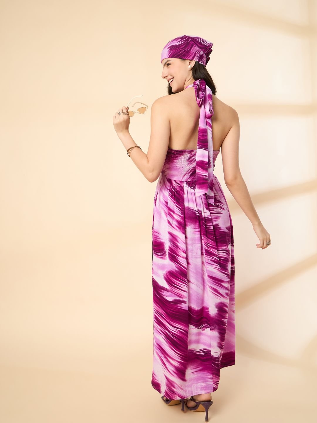 KIARABEL Marble Print Halter Neck Maxi Dress with Head Bandana image 1