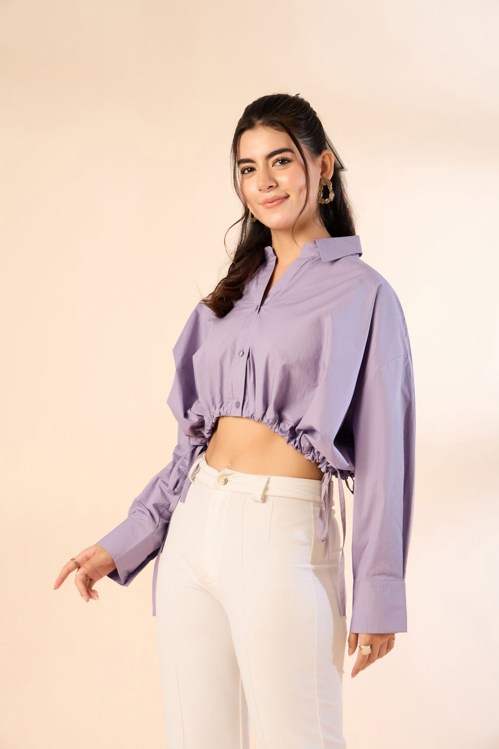 KIARABE Lavender Cropped Button-Down Shirt with Drawstring Waist image 2
