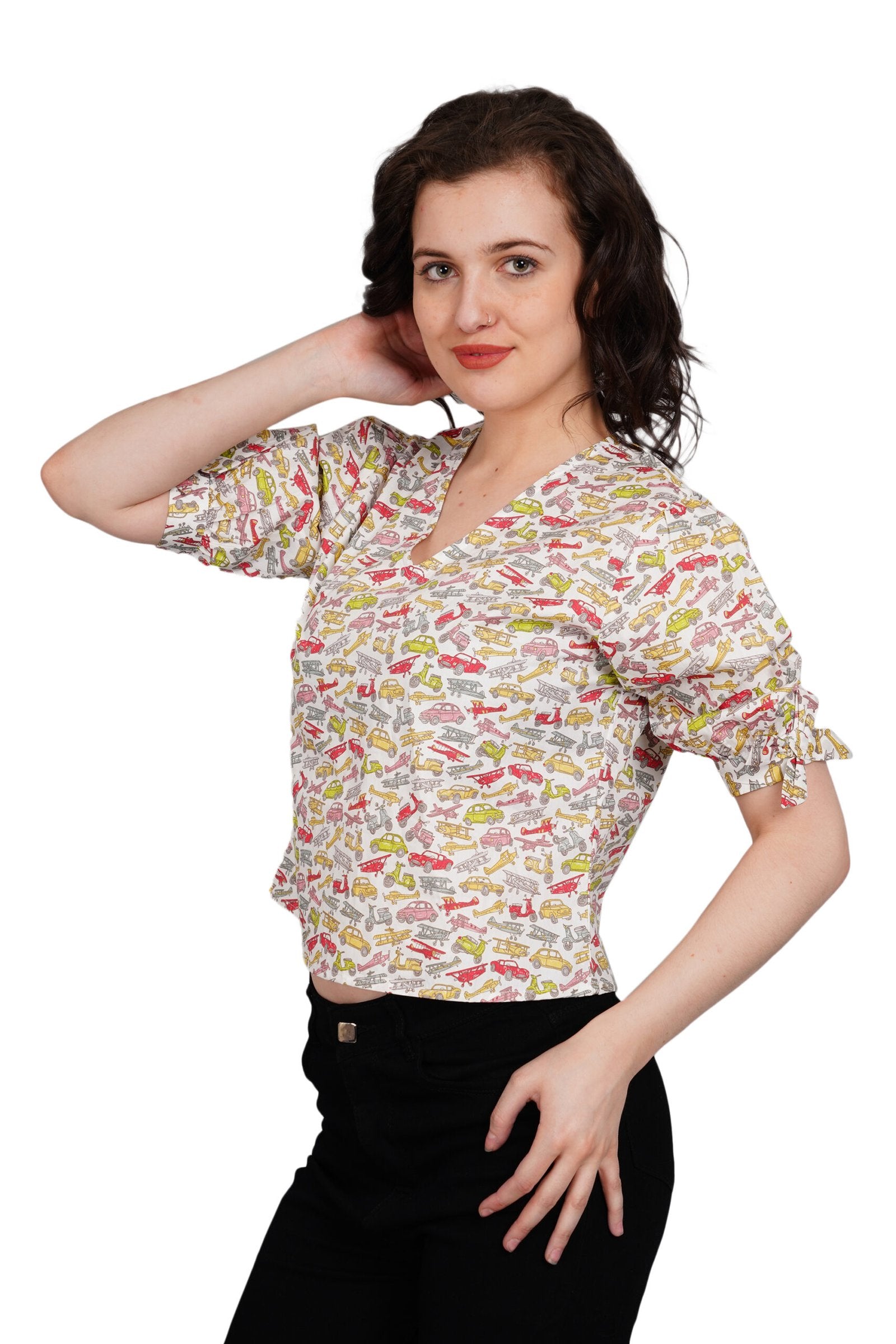 KIARABEL Printed Poplin Cotton V Neck Top image 1