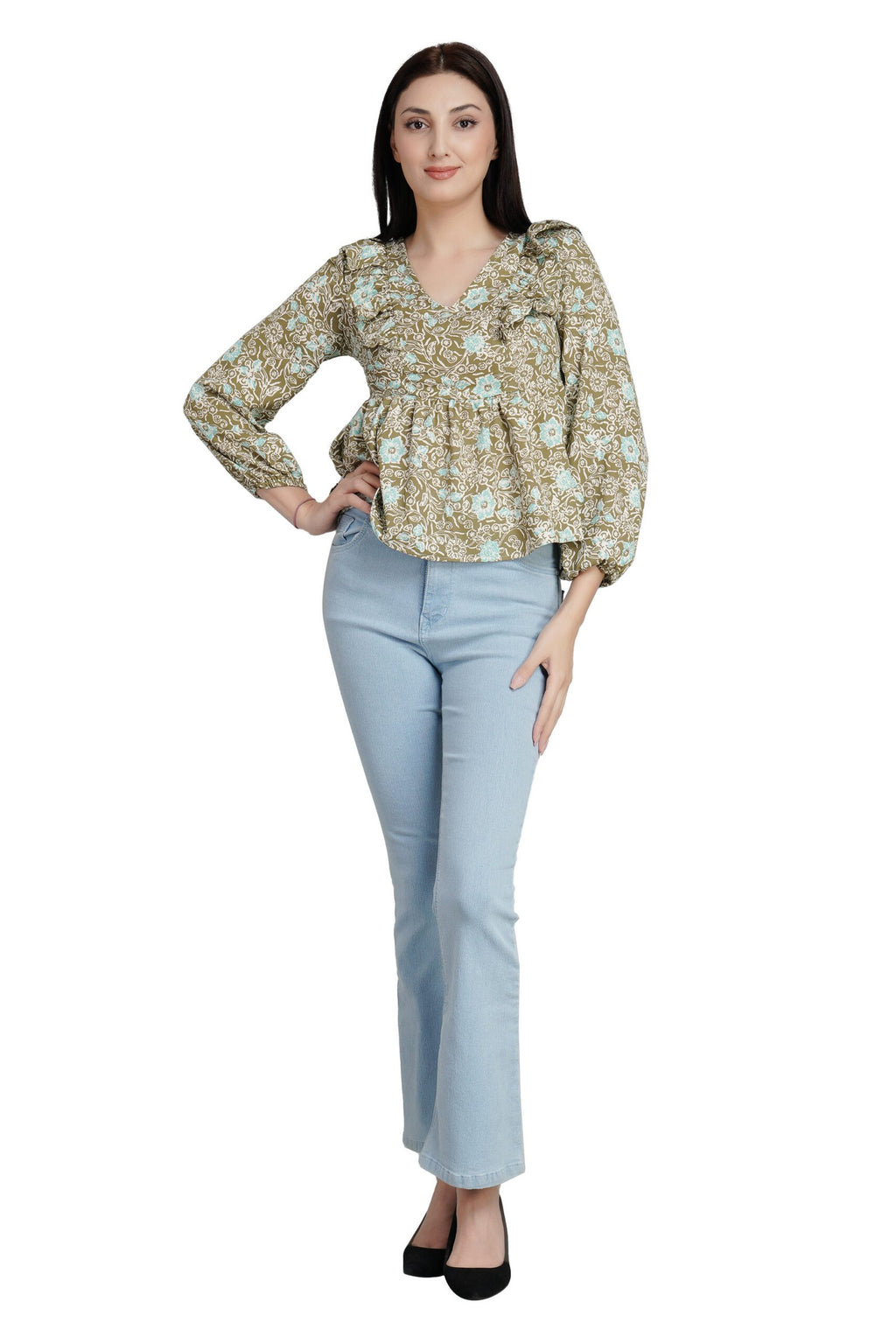 KIARABEL Flared Sleeve Printed Top Brown Floral image 4