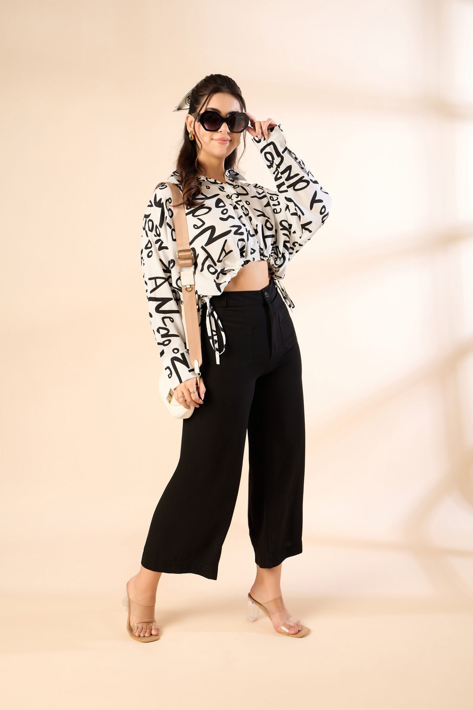 KIARABE White Cropped Button-Down Shirt with Drawstring Waist image 5