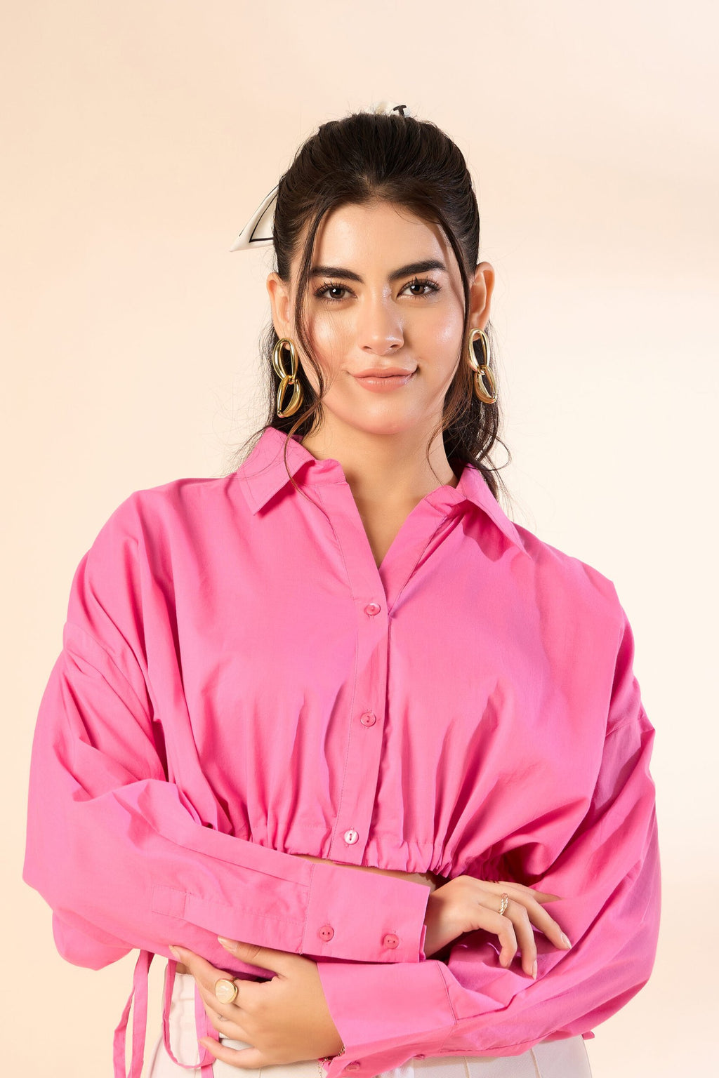 KIARABE Pink Cropped Button-Down Shirt with Drawstring Waist image 6