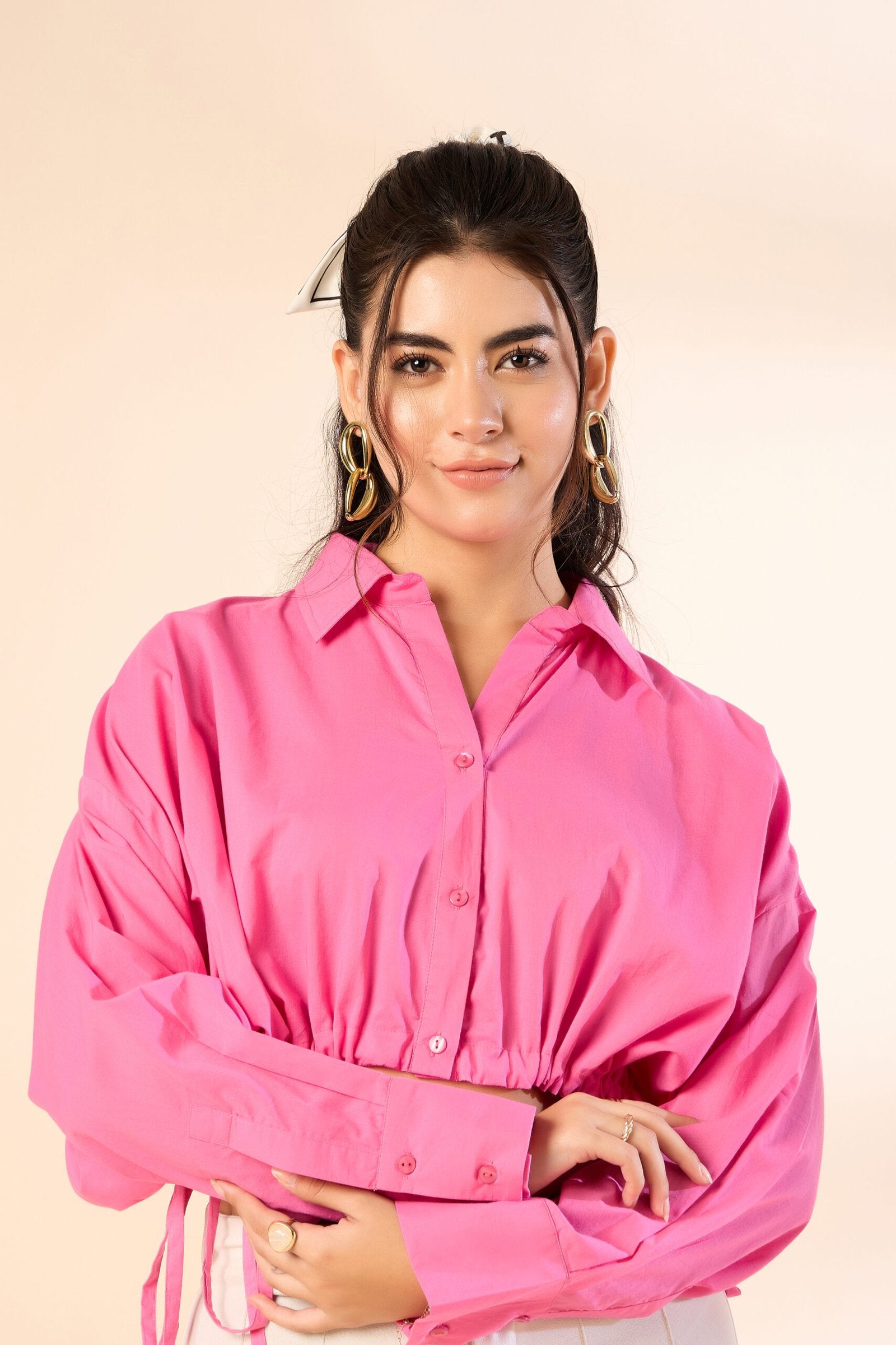 KIARABE Pink Cropped Button-Down Shirt with Drawstring Waist image 6