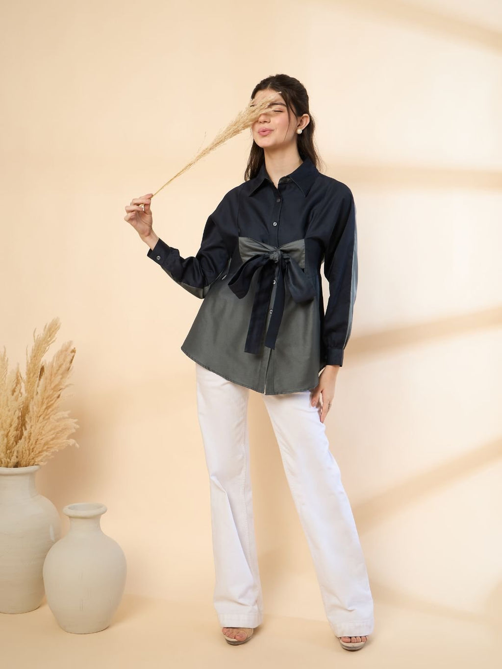 Grey-Blue Ombre Full-Sleeve Shirt with Bow Tie Neck image 5