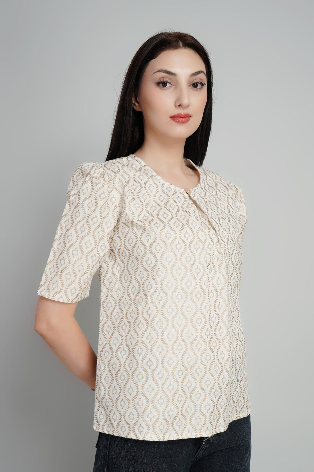 KIARABEL Stylish Cream & Brown Printed Top image 4