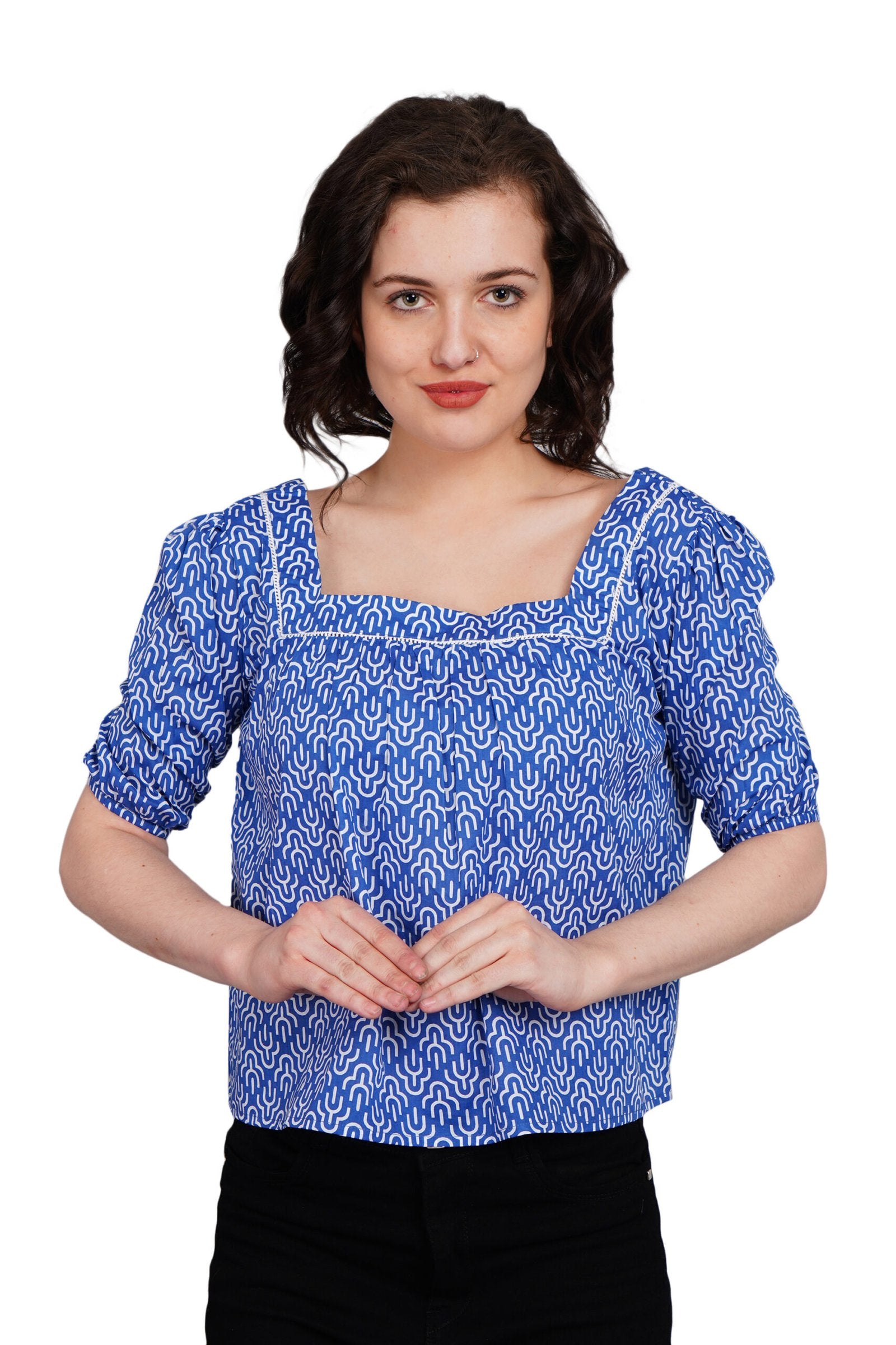 KIARABEL Cambric Cotton Blue Printed Top image 0