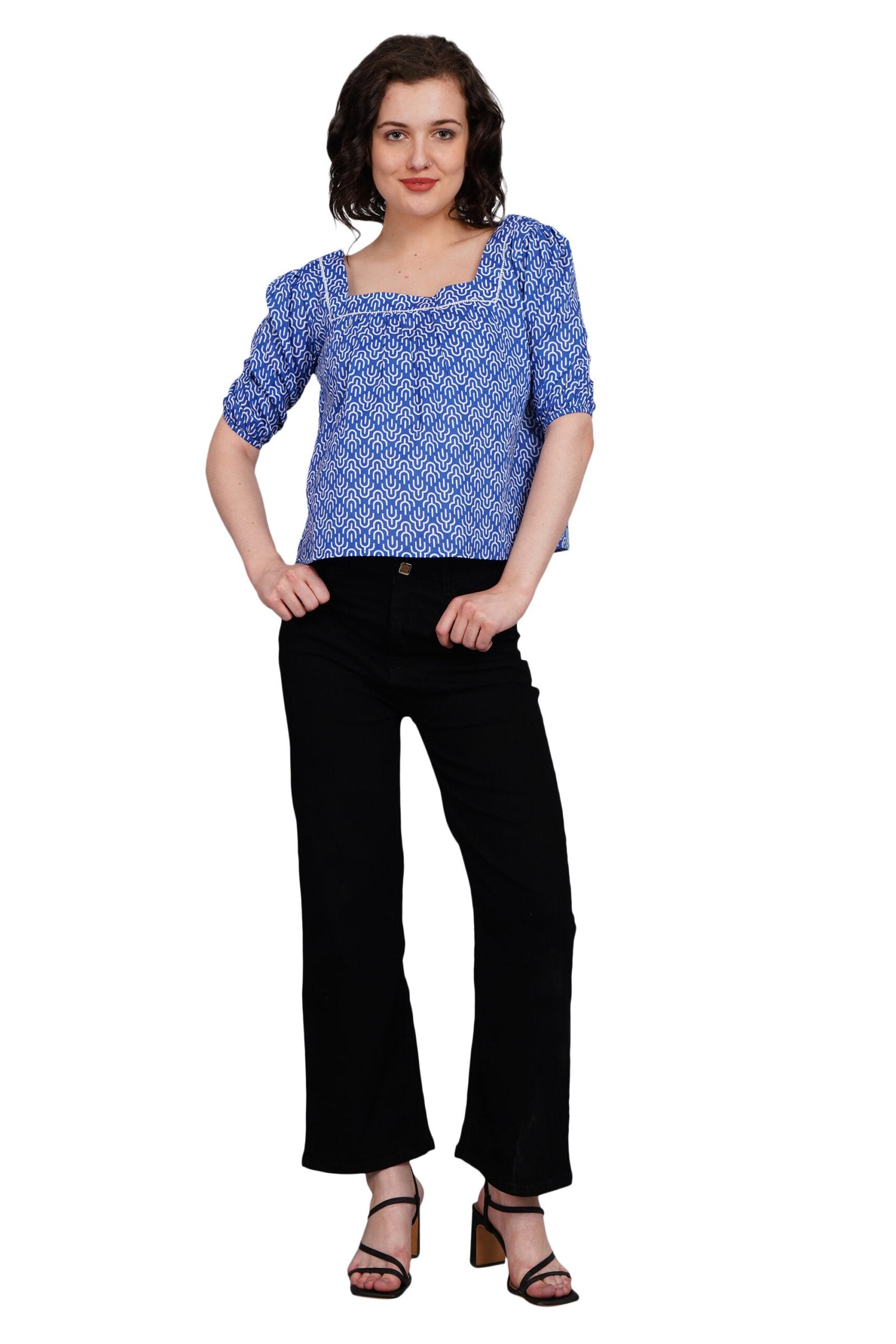 KIARABEL Cambric Cotton Blue Printed Top image 4