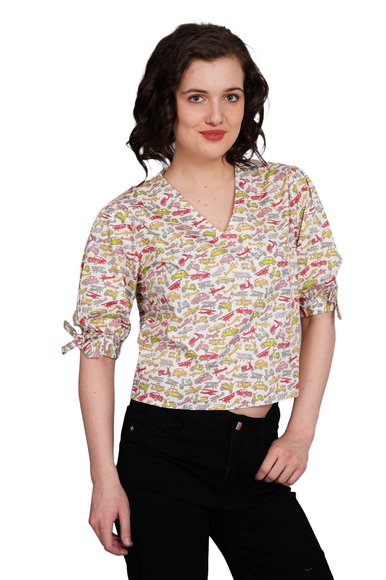 KIARABEL Printed Poplin Cotton V Neck Top image 2