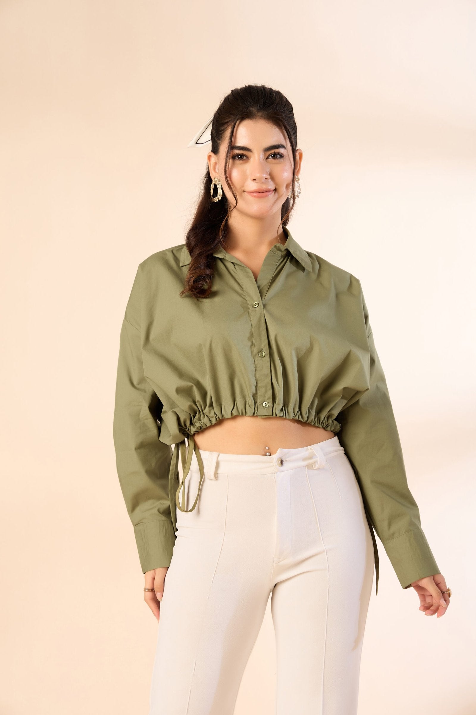 KIARABE Olive Green Button-Down Shirt with Drawstring Waist image 0