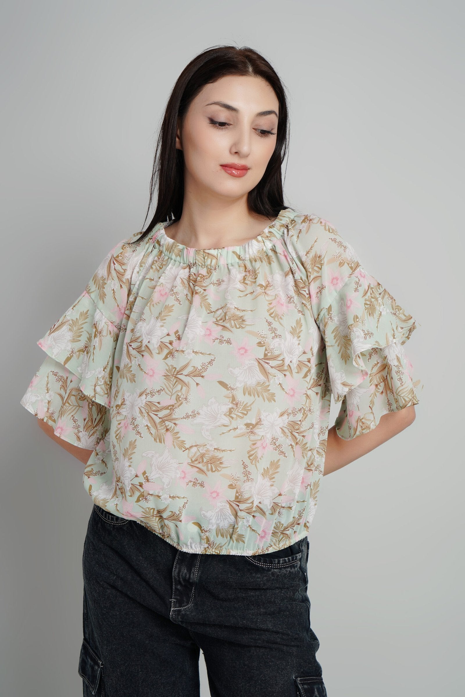 KIARABEL Floral Print Ruffles Georgette Top - S image