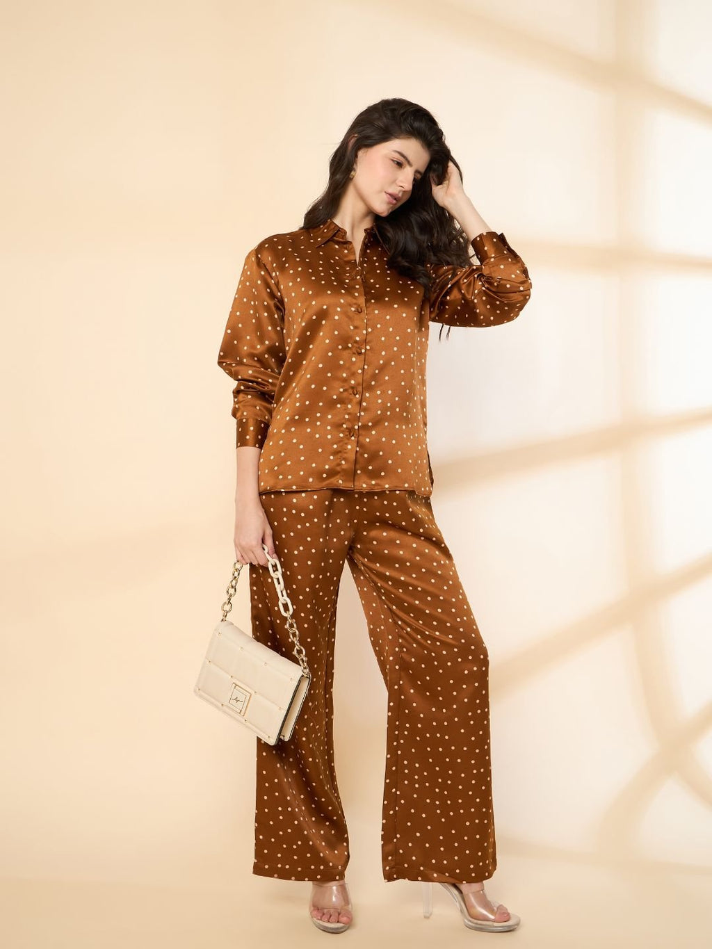 Brown Polka Print Co-ord Set with Stylish Shirt & Matching Trousers image 5