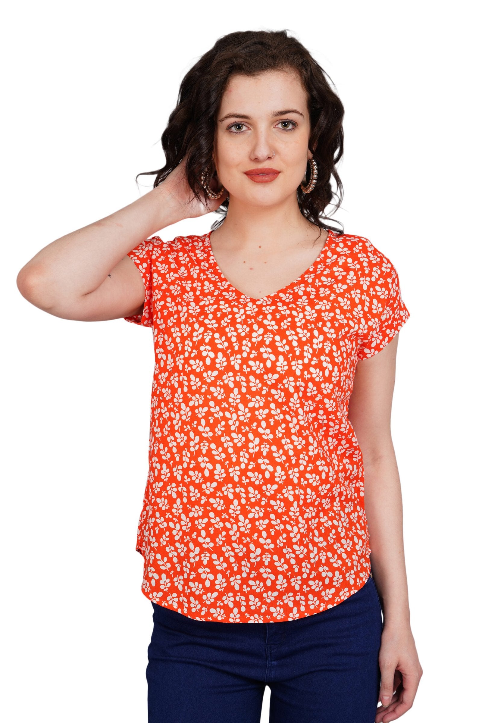 KIARABEL Printed V-Neck Orange Top - S image