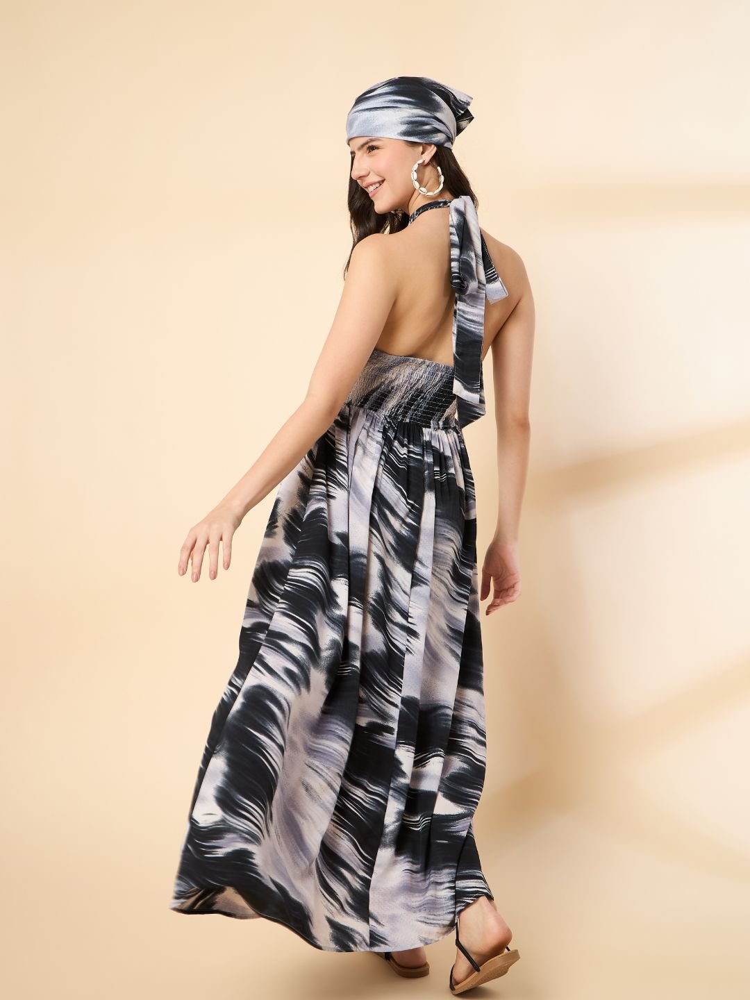 KIARABEL Marble Print Halter Neck Maxi Dress with Head Bandana (BLACK) image 1
