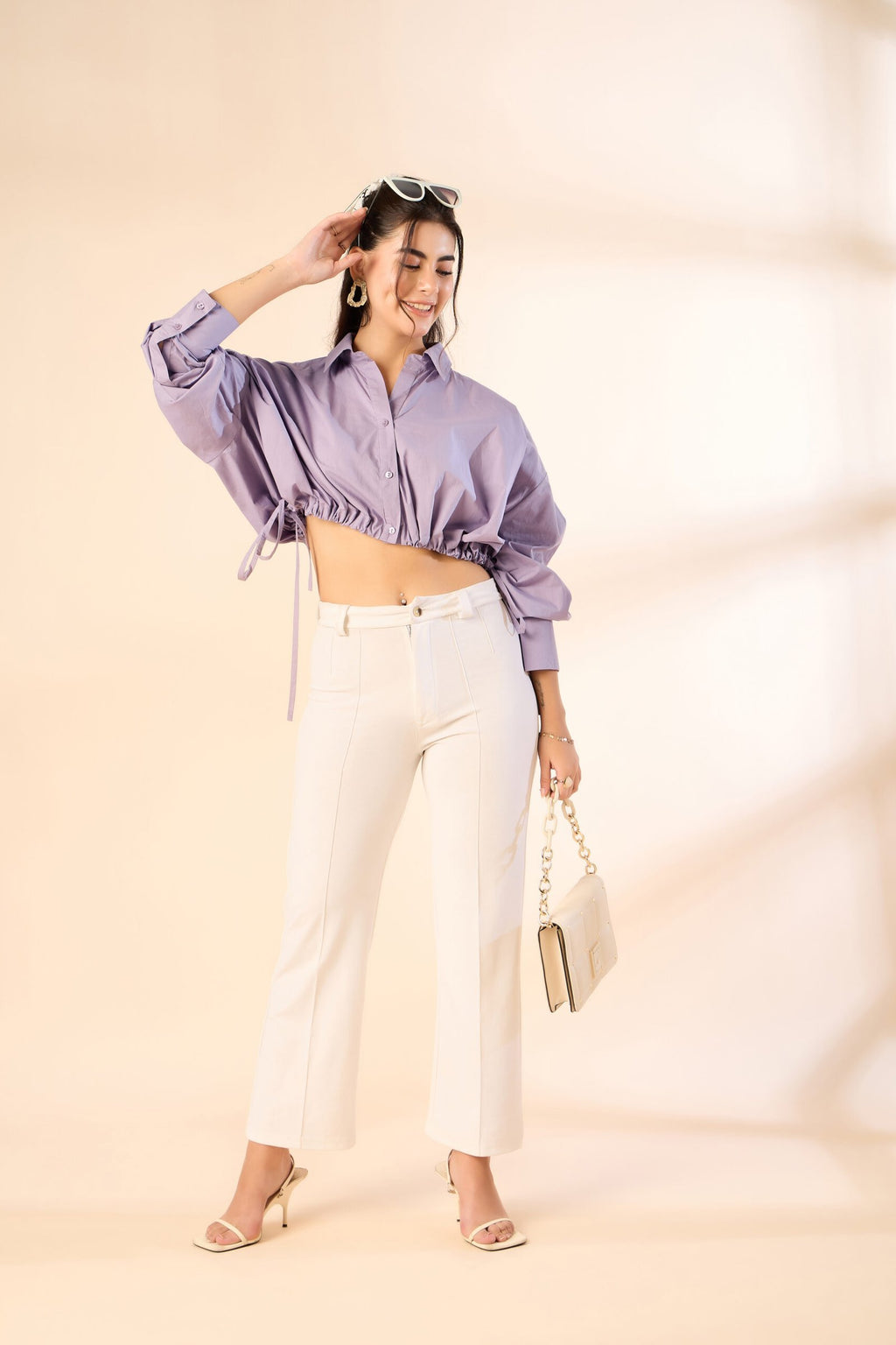 KIARABE Lavender Cropped Button-Down Shirt with Drawstring Waist image 5
