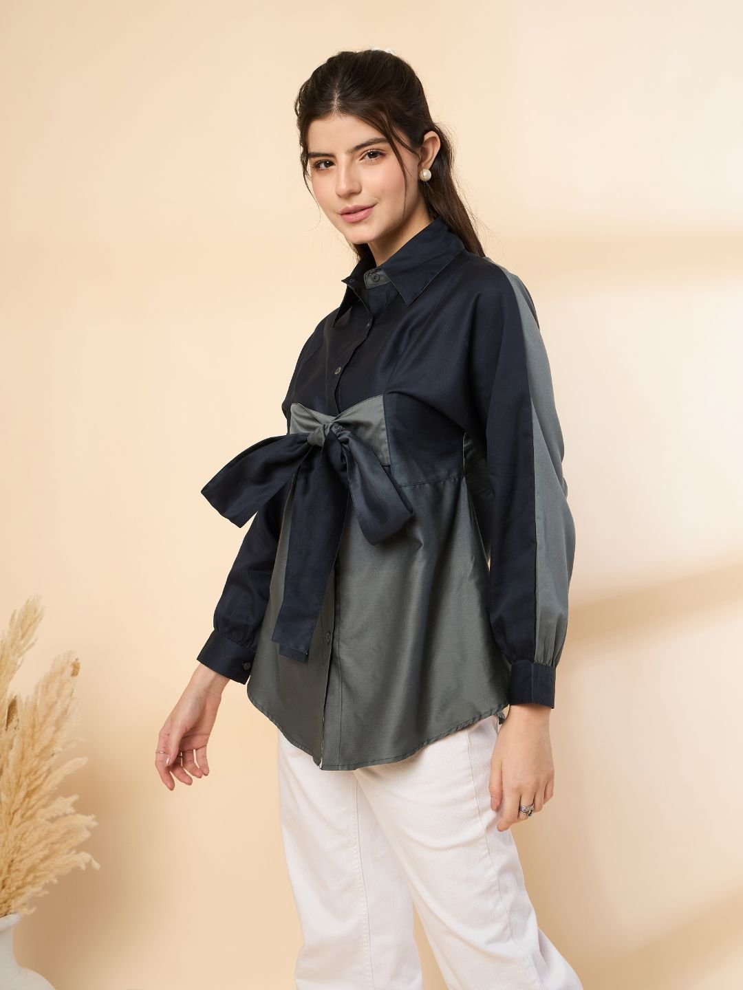 Grey-Blue Ombre Full-Sleeve Shirt with Bow Tie Neck image 3