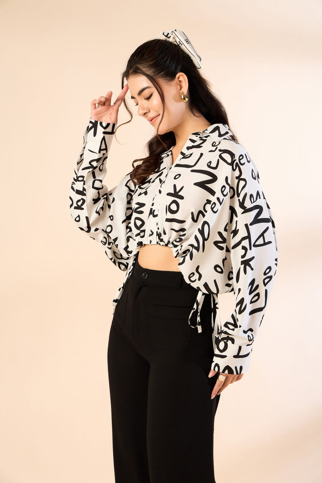 KIARABE White Cropped Button-Down Shirt with Drawstring Waist image 2