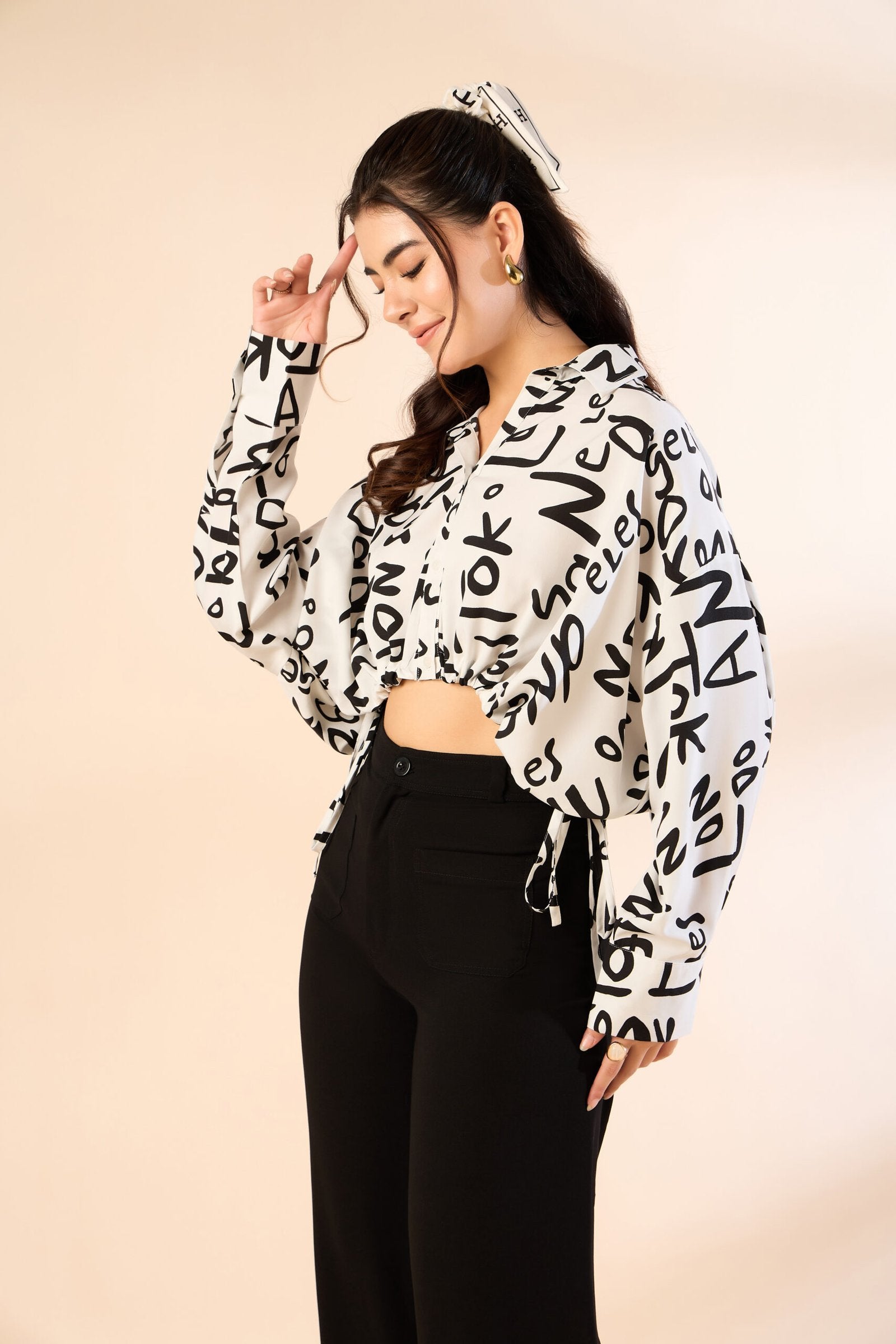 KIARABE White Cropped Button-Down Shirt with Drawstring Waist image 2