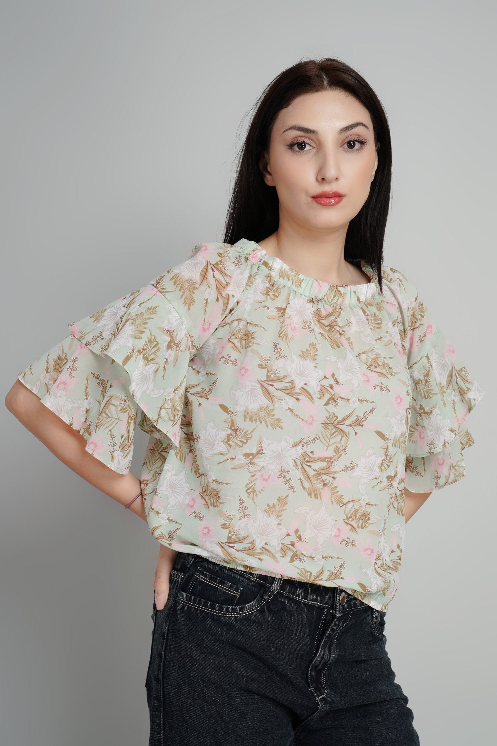 KIARABEL Floral Print Ruffles Georgette Top image 2