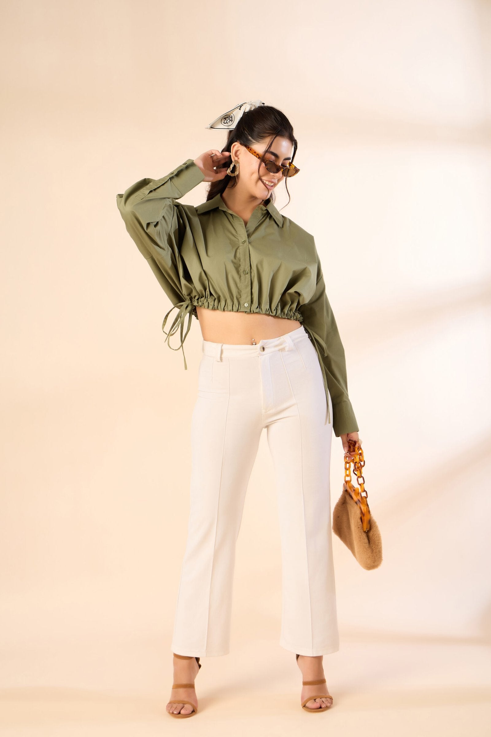 KIARABE Olive Green Button-Down Shirt with Drawstring Waist image 5