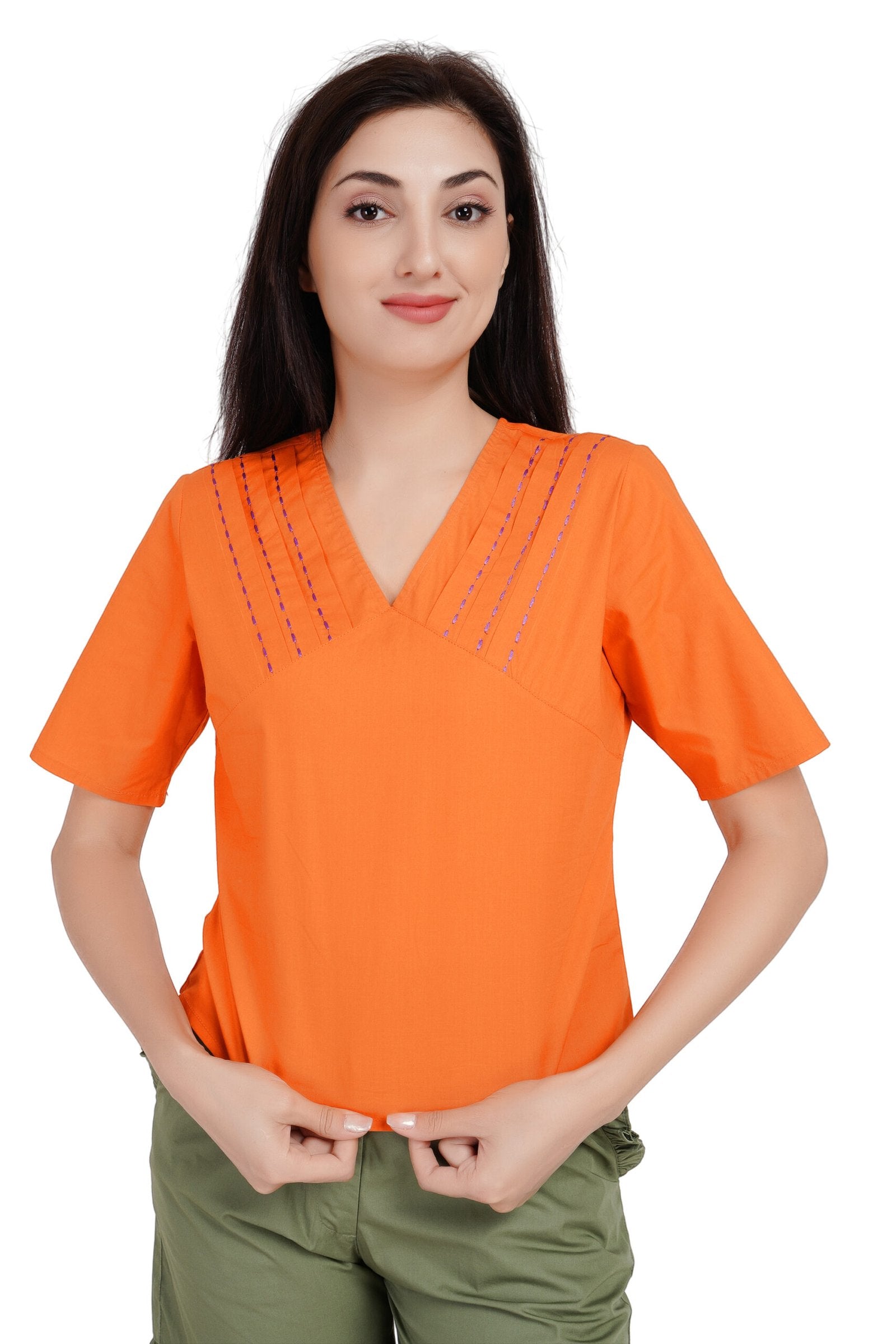 KIARABEL Solid Orange V Neck Top image 1
