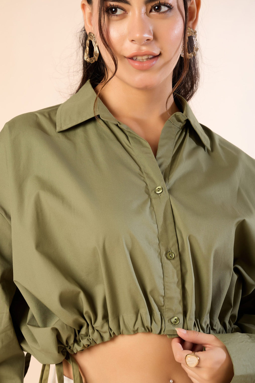 KIARABE Olive Green Button-Down Shirt with Drawstring Waist image 4