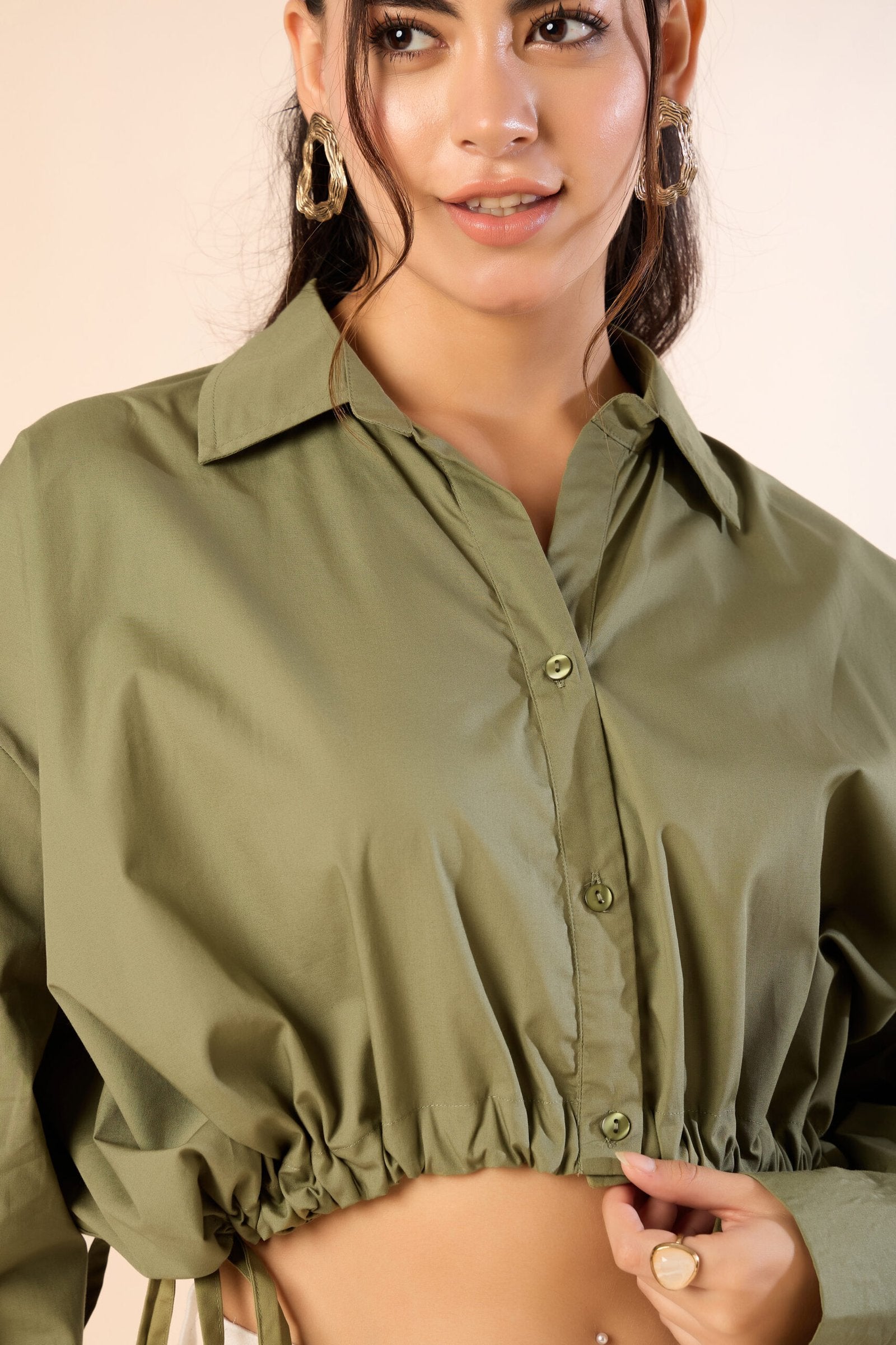 KIARABE Olive Green Button-Down Shirt with Drawstring Waist image 4
