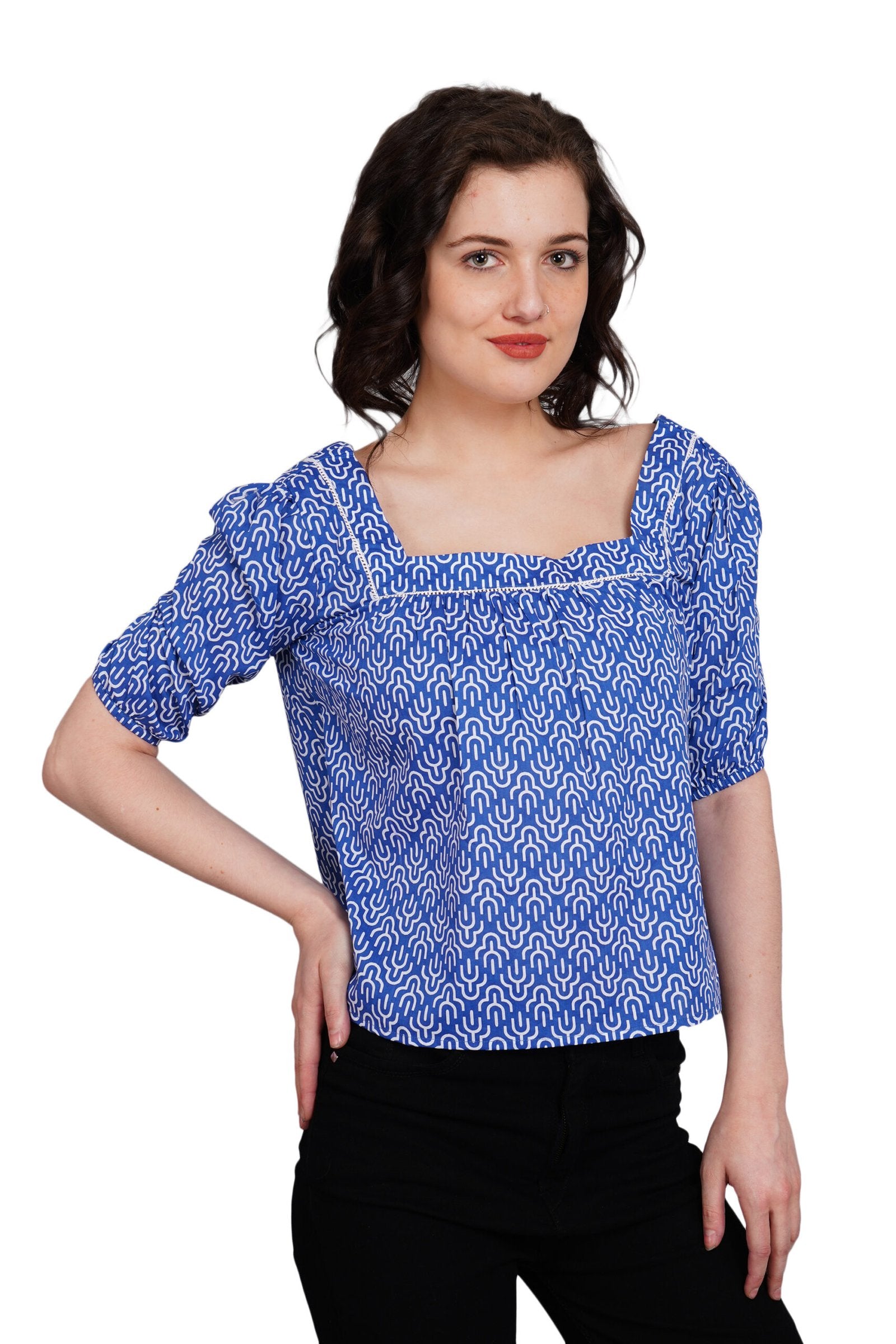 KIARABEL Cambric Cotton Blue Printed Top image 2