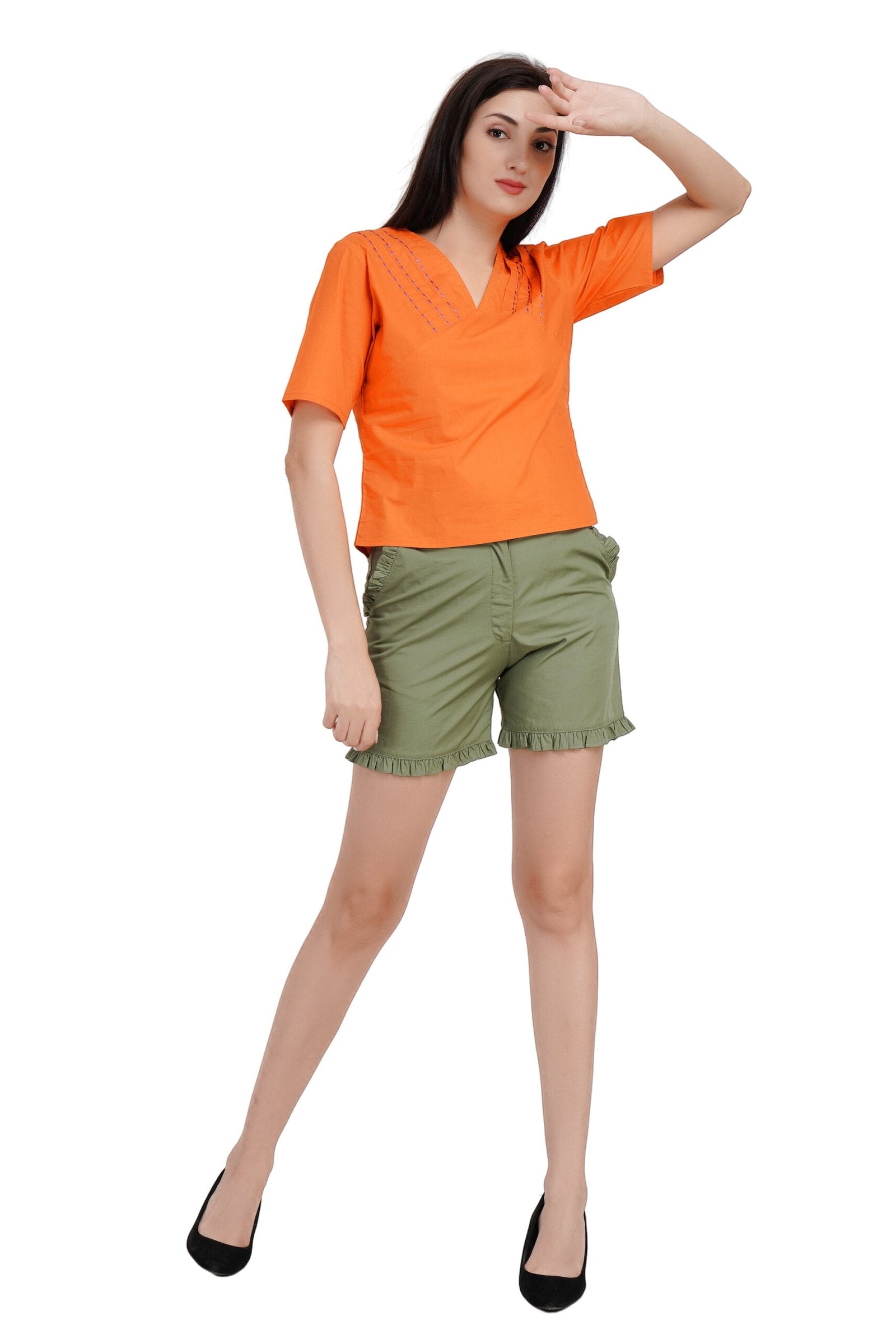 KIARABEL Solid Orange V Neck Top image 5