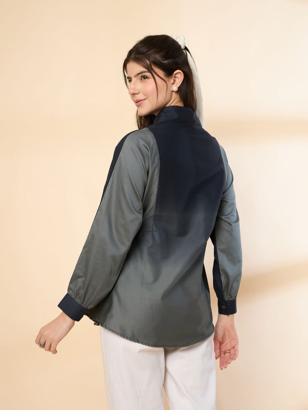 Grey-Blue Ombre Full-Sleeve Shirt with Bow Tie Neck image 1