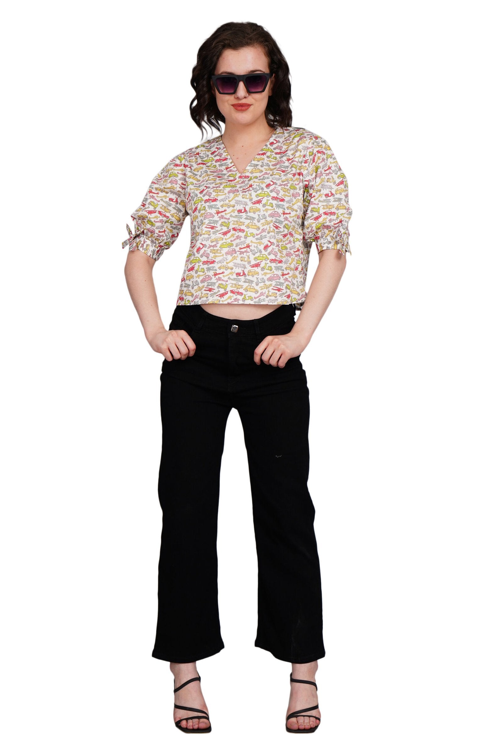 KIARABEL Printed Poplin Cotton V Neck Top image 5