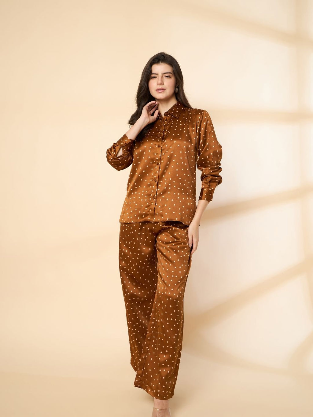 Brown Polka Print Co-ord Set with Stylish Shirt & Matching Trousers image 0