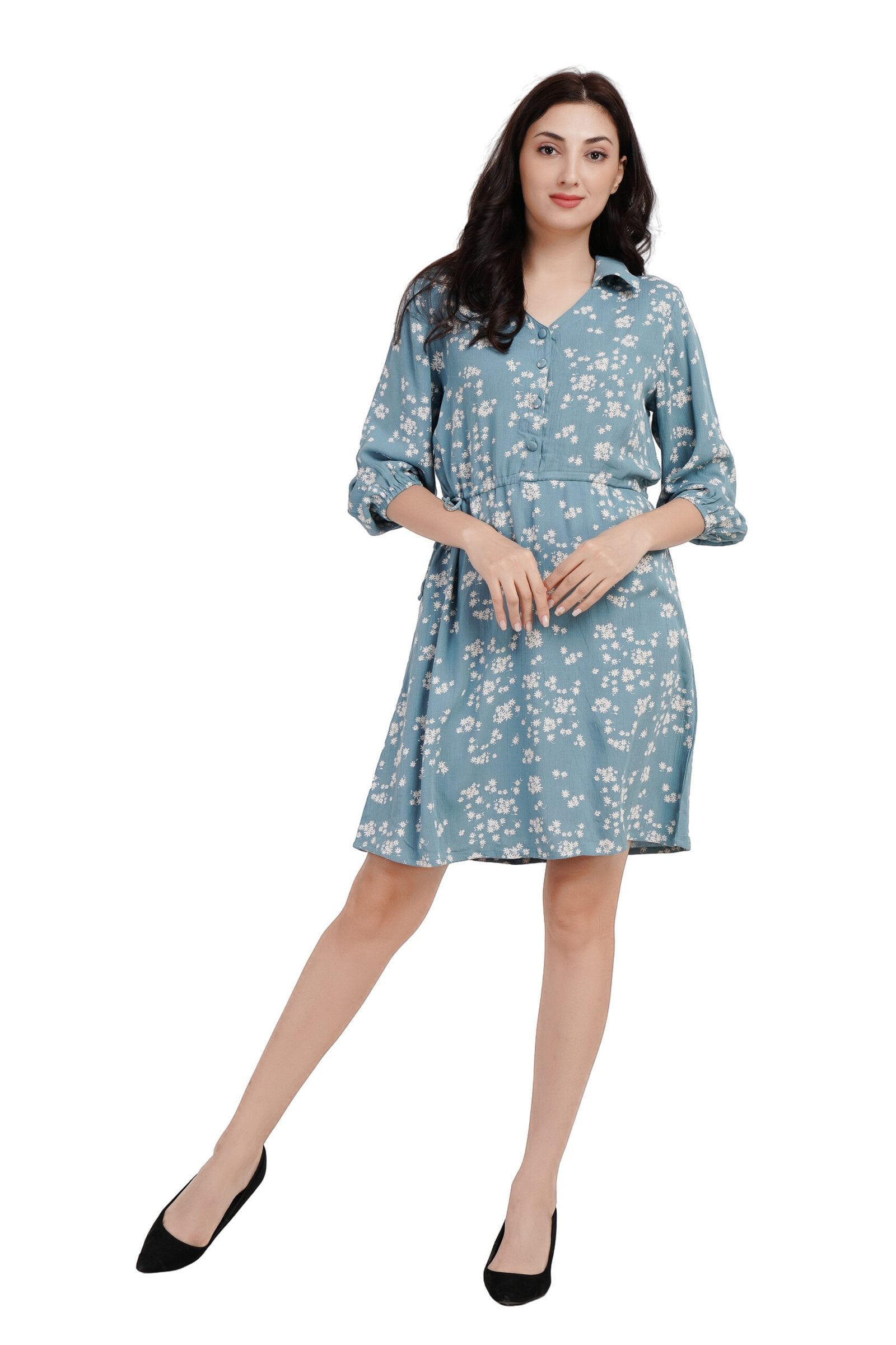 KIARABEL Floral Printed Fit & Flare Blue Dress image 0